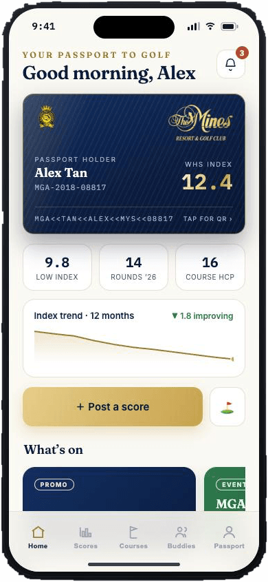 MGA WHS member passport app — live handicap index, score posting and club events